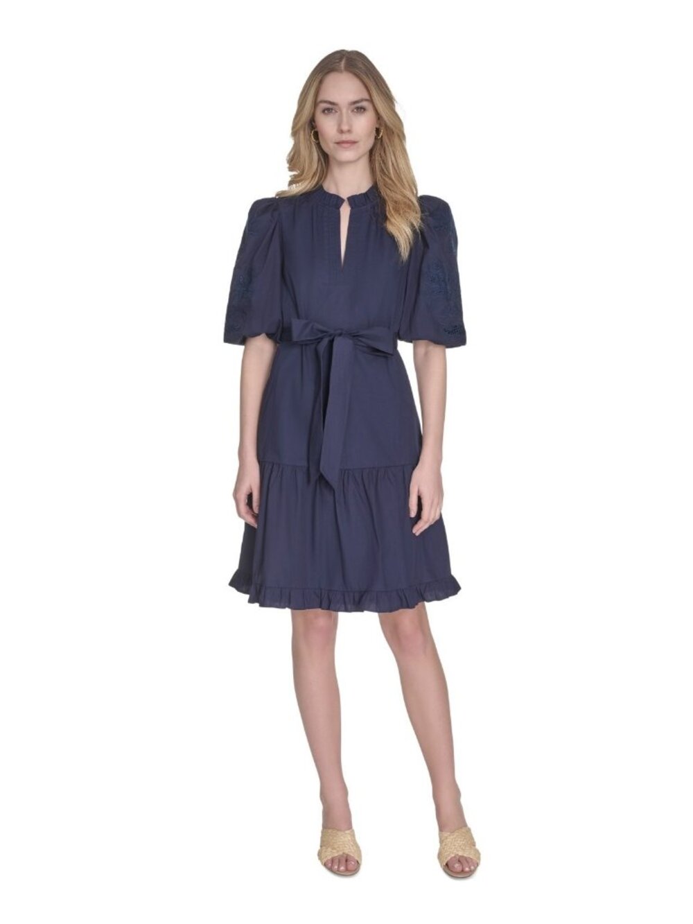 Vince Camuto Women's Split-Neck Elbow-Sleeve Cotton Dress Navy Blue Size 4 $168